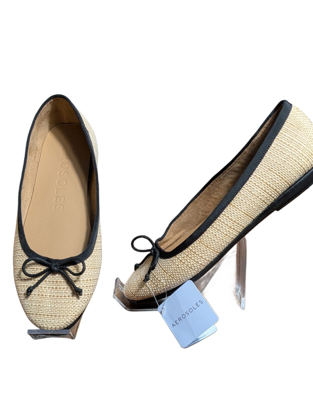 Aerosoles Womens 10W Wide Natural Beige Woven Ballet Flats Black Bow Slip On NWO - Picture 4 of 9